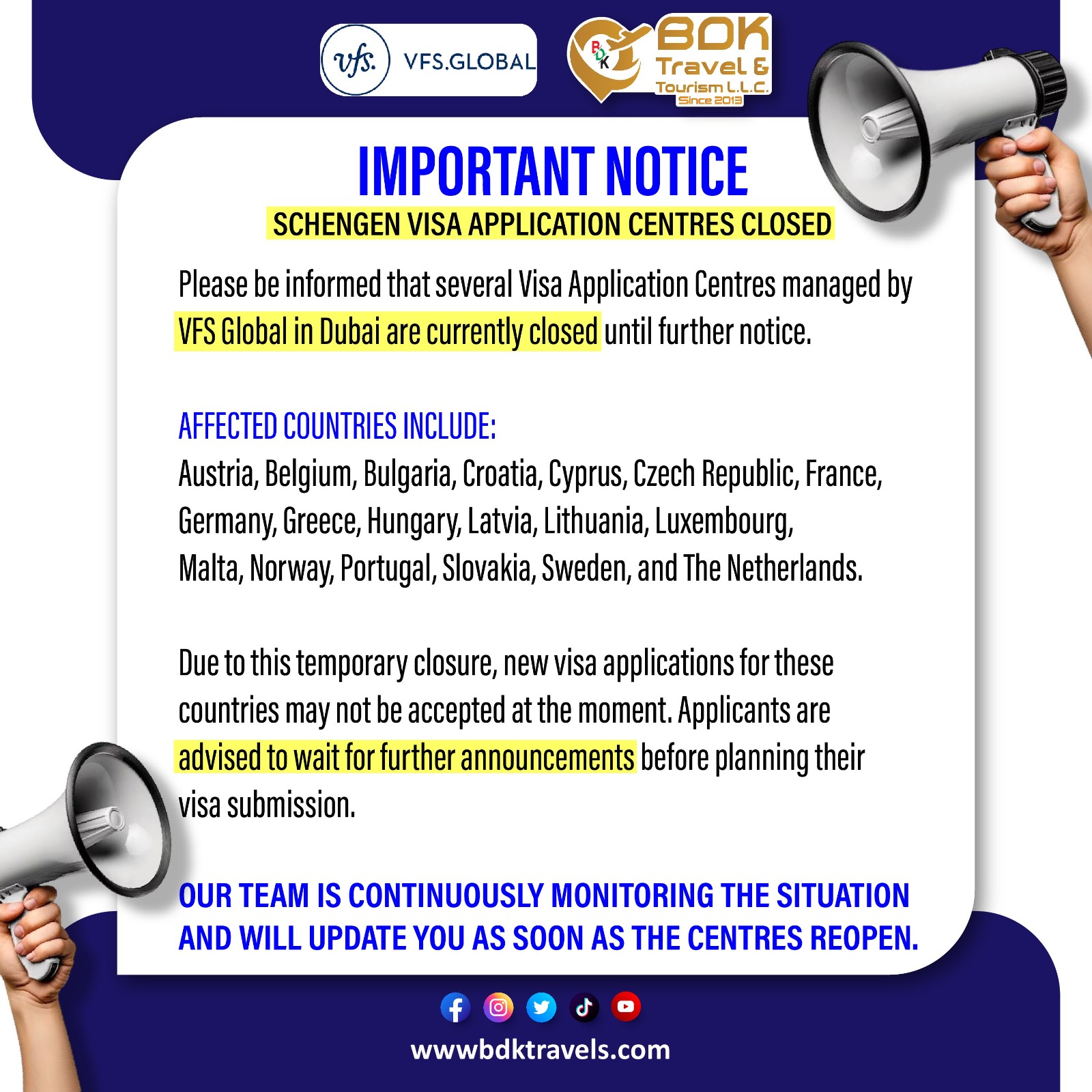 Important Notice – Schengen Visa Application Centres Closed